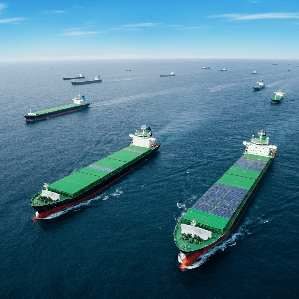 A futuristic port bustling with eco-friendly cargo ships docked. The port features cranes powered by renewable energy, solar-panel and wind-turbine-equipped ships, workers in eco-friendly uniforms, and electric vehicles transporting goods. The sky is clear, and the harbor water is a vivid deep blue, showcasing a commitment to sustainability.