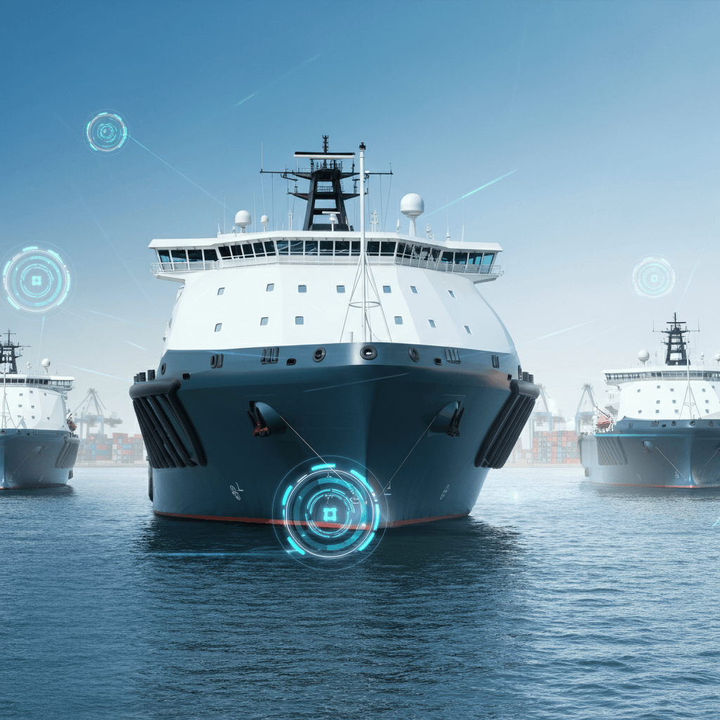Multiple sleek, modern autonomous ships equipped with visible sensors and antennas in a bustling harbor, surrounded by port infrastructure and other vessels under a clear blue sky, symbolizing efficient and innovative AI-driven maritime operations.