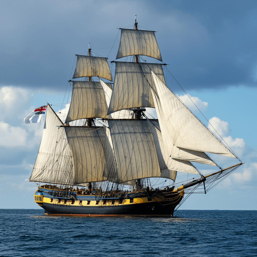 HMS Surprise, a replica of a 1794 British Royal Navy frigate, sailing on the ocean with tall masts and unfurled sails. The ship's intricate rigging and wooden hull are highlighted against a dramatic cloudy sky.