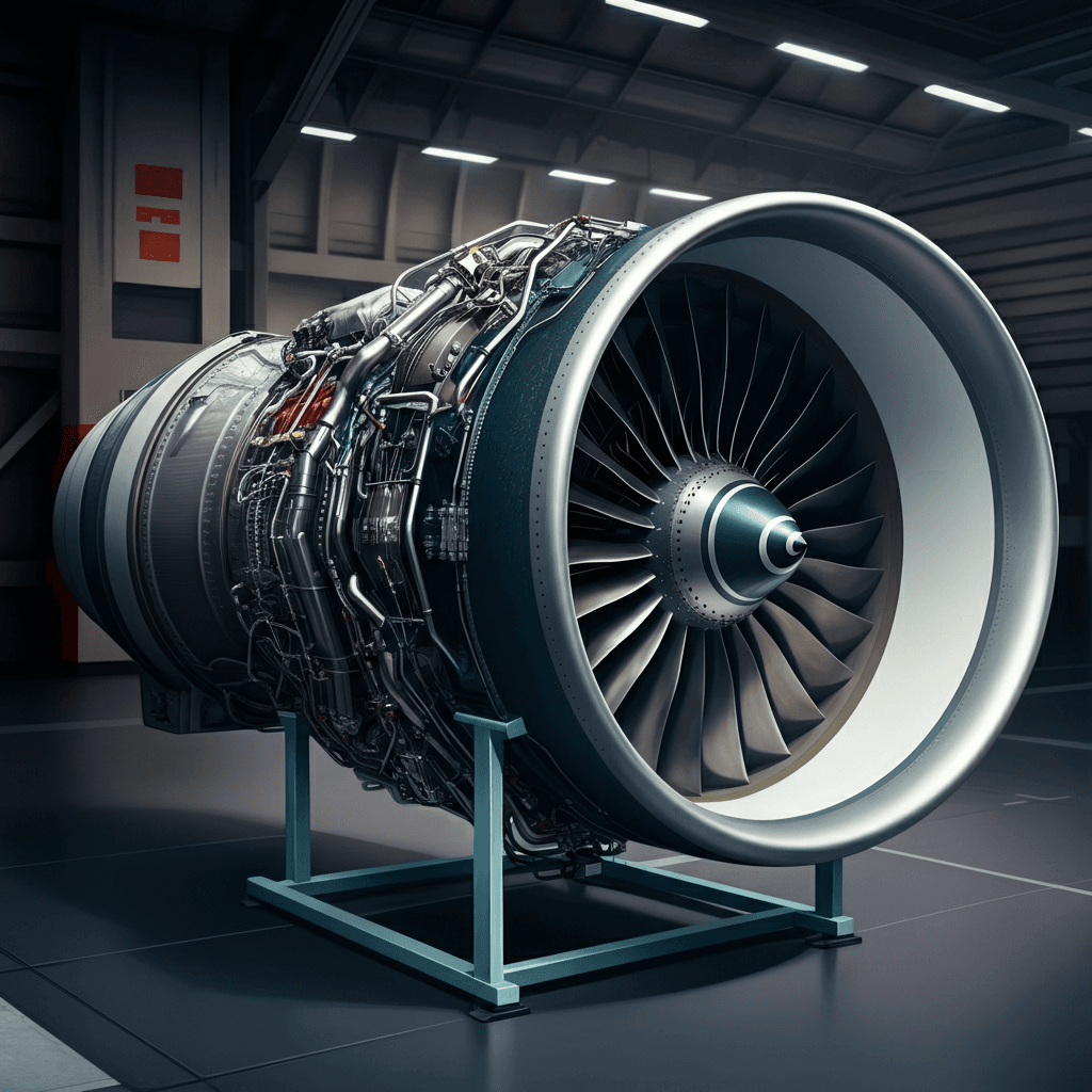 Illustration of a fanjet engine with detailed components, including fan blades, compressor, and turbine, displayed in a high-tech aerospace setting